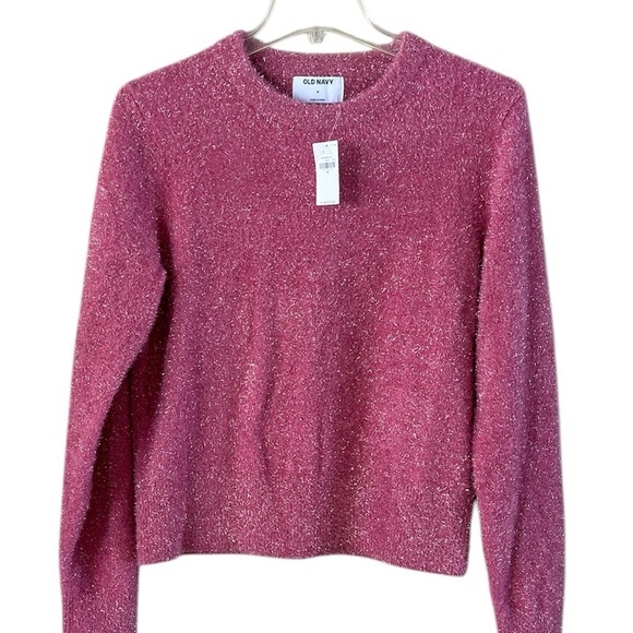 NWT Old Navy Eyelash Sweater Pink Glitter Size Medium Crew Neck Long Sleeves - Picture 1 of 13